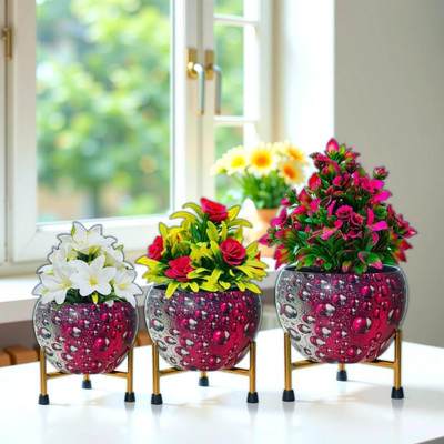 LAQA SmallSet of 3 D Apple Pot Planter Iron Glossy Meena Work Water Drop Pink White Plant Container Set(Pack of 3, Metal)