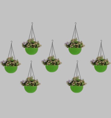 Dervino Plastic Grow Planter Woven Hanging FlowerPot with Chain Hang Plastic Pot Green Plant Container Set(Pack of 7, Plastic)