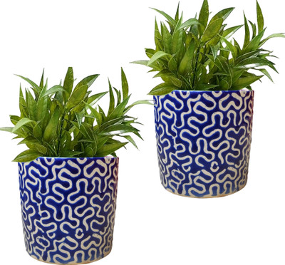 Gupta Blue RD Pipe Ceramic Pot Size 4x4inch GH0022-01_Packof2 Plant Container Set(Pack of 2, Ceramic)