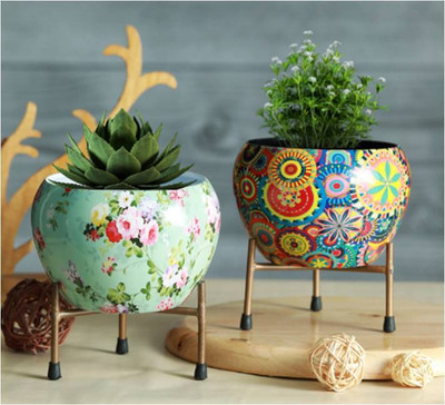 SHREEHARI Metal Planter Pot with Stand (Multicolor, Set of 2) Iron Vase Plant Container Set(Metal)