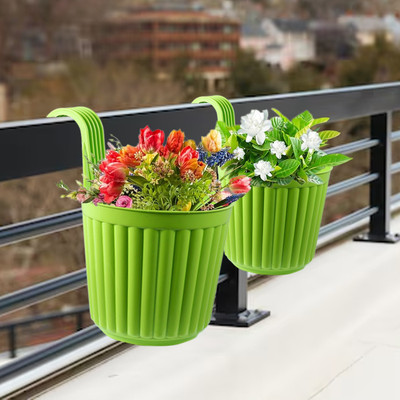 NKB Elegant Green Railing Hanging Pot for Balcony, Railing with High Durability Plant Container Set(Pack of 2, Plastic)
