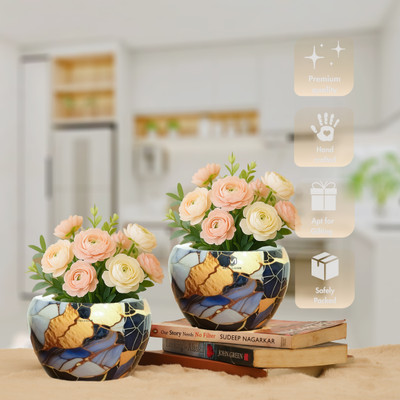 METALLICON Handcrafted Blue Mosaic Planter Vase with Artificial Flowers – Set of 2 Plant Container Set(Pack of 2, Metal)
