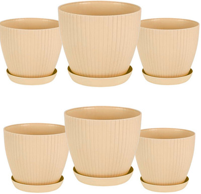 Muddstyles Round 7 Inch Beige Flower Pot with Tray Pack of 6 Plant Container Set(Pack of 6, Plastic)