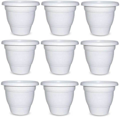 Oshi Greens Deluxe white color Flower pots planters 8 inches size Plant Container Set(Pack of 9, Plastic)