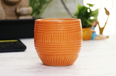 Leafy Tales Ceramic Flower Pot with Self Design Lines, Orange, 1 pc Plant Container Set(Ceramic)