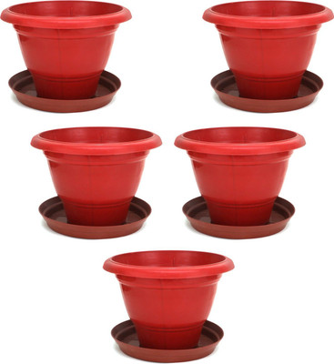 Besttrader Plastic Round Pot Highly Durable PlantContainer with bottom plate(red,packof5) Plant Container Set(Pack of 5, Plastic)