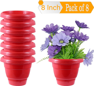 Zobby High Quality 8 Inch Red Ghamla || Garden Pot || Planter || Flower Pot || Plant Container Set(Pack of 8, Plastic)