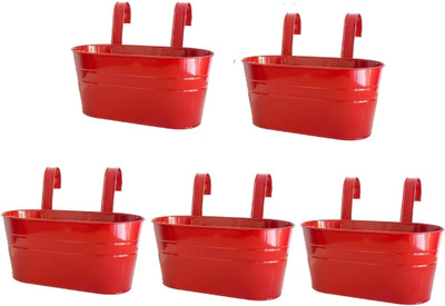 PRIME KRAFTS 5 Pcs Railing Oval Planter For Home and Garden, Balcony Hanging Flowerpot, Red Plant Container Set(Pack of 5, Metal)