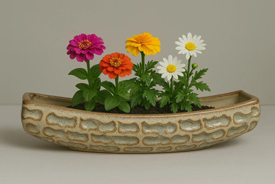 YUTORI Modern Textured Canoe Ceramic Planter – Sandstone Finish for Indoor Decor Plant Container Set(Ceramic)