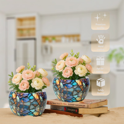 METALLICON Handcrafted Blue Mosaic Planter Vase with Artificial Flowers – Set of 2 Plant Container Set(Pack of 2, Metal)