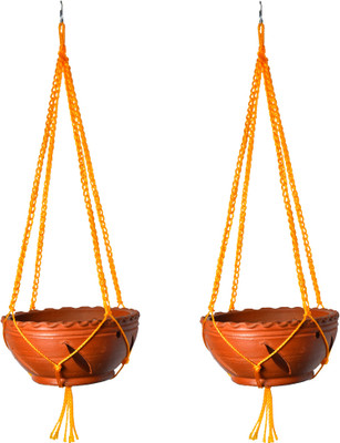 Frills & Colours Hanging Clay planter/ Flower Pot for indoor and outdoor with hanging rope. Plant Container Set(Pack of 2, Terracotta)
