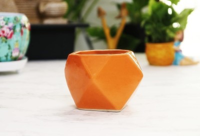 Leafy Tales Polygon Shape Ceramic Pot, Yellow, 1 pc (Polygon Orange) Plant Container Set(Ceramic)