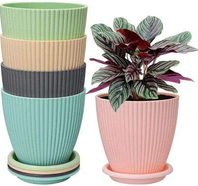 DELMON Pack Of 5 Piece Flower Pots Set, Planters with Drainage Hole and Tray Saucer Plant Container Set(Plastic)