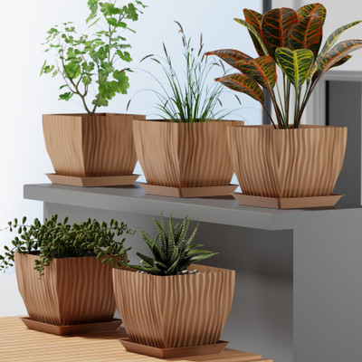 FORWAY Square Pots|Wooden Design|Indoor and Outdoor Flower Pot for Home/Garden/Balcony Plant Container Set(Pack of 5, Plastic)