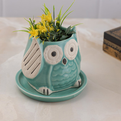 Jimkia Ceramic Planter Pot Owl Shape with Tray (Green Color) For Indoor/Outdoor Plant Container Set(Pack of 2, Ceramic)