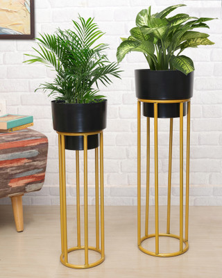 Homesake Gold Round Metal Planters Stand with , White Pot set of 2 Plant Container Set(Metal)