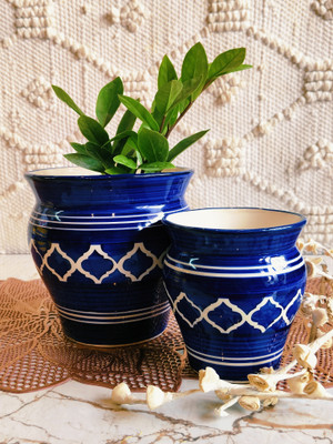 Niyara Blue Mughal printed handi set 2 Plant Container Set(Pack of 2, Ceramic)