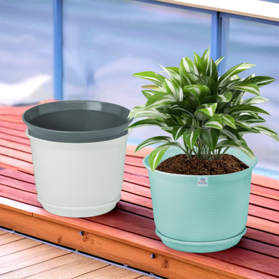Heart Home Plain Sawera Flower Pot for Home with Tray|10 Inch|Pack of 3|Blue-White & Gray Plant Container Set(Pack of 3, Plastic)