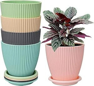 cassava Set of 5 Colorful Ribbed Plastic Planters with Drainage Trays - Multicolor Plant Container Set(Pack of 5, Plastic)