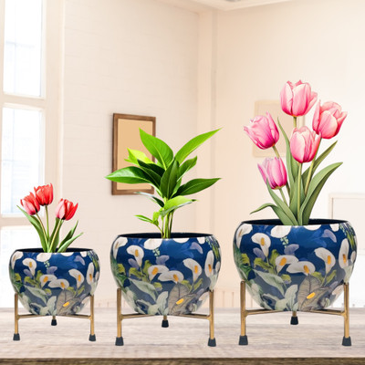 DECO BAY Small Apple Pot Planter Iron Lily Bloom Print White Blue with Stand Plant Container Set(Pack of 3, Metal)
