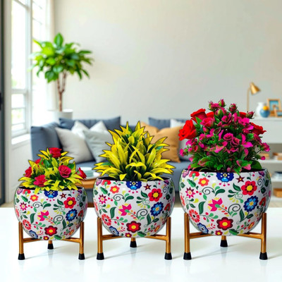 LAQA Small Apple Pot Planter Iron Glossy Meena Work Flora White Set of 3 with Stand Plant Container Set(Pack of 3, Metal)
