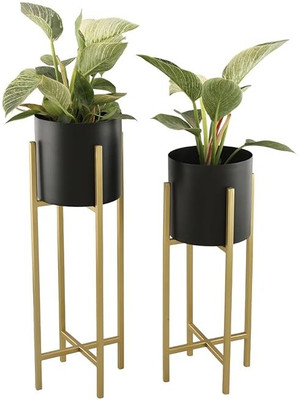 Star A Handicrafts Modern Metal Planter Stands with Black Pots for Indoor Decor – Set of 2 Plant Container Set(Pack of 2, Metal)