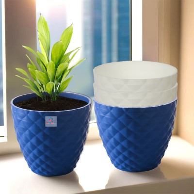 Heart Home Pack of 4 Diamond 6 Inch Flower Pots Stand for Garden & Balcony | Blue & White Plant Container Set(Pack of 4, Plastic)