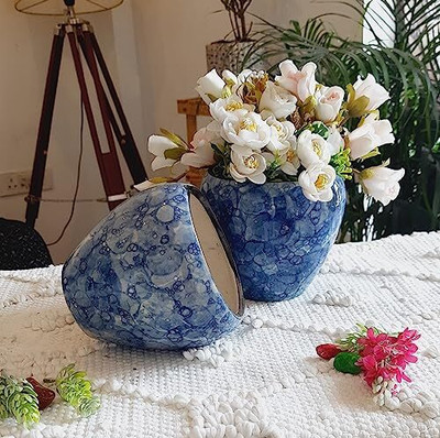 Niyara stylish small glossy blue ceramic planters pot combo pack of 2 pot Plant Container Set(Pack of 2, Ceramic)
