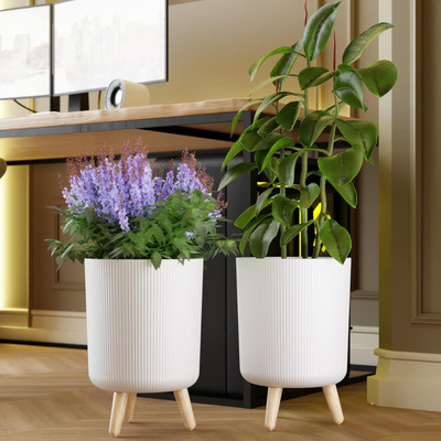 Gripzo (2 Pcs) Modern Flower Pot with Wooden Indoor Outdoor Planter for Home Garden Plant Container Set(Pack of 2, Plastic)