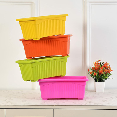 Reyansh 14 Inch Jupiter Rectangular Plastic Pots for Home, Window Display Garden Plant Container Set(Pack of 4, Plastic)