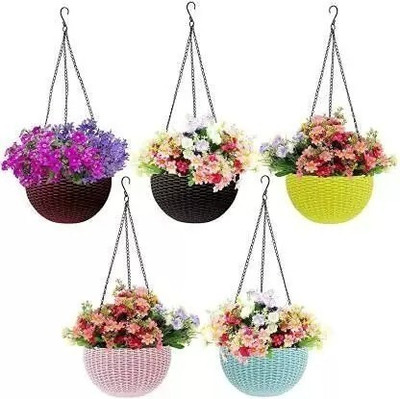 Besttrader Multicolor Hanging Pots, Beautiful Round Woven Plastic Flower Plant Container Set(Pack of 5, Plastic, Metal)