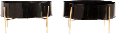 Amaya Decors Round Black & Gold Table Planter with Stand Set of 2 Plant Container Set(Pack of 2, Metal)