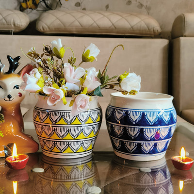 Niyara New haindpainted design combo small pots set 2 Plant Container Set(Pack of 2, Ceramic)