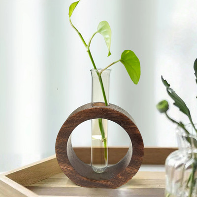 TIED RIBBONS Glass Test Tube Vase with Wooden Stand | Flower Pot for Table Home Decoration Plant Container Set(Glass, Wood)