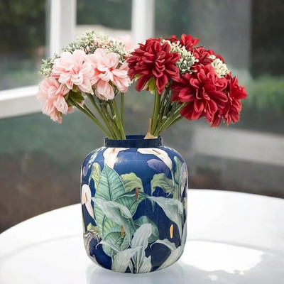 DECO BAY Indoor Iron Floral Round Vasepot Planter with Meena Work Plant Container Set(Metal)