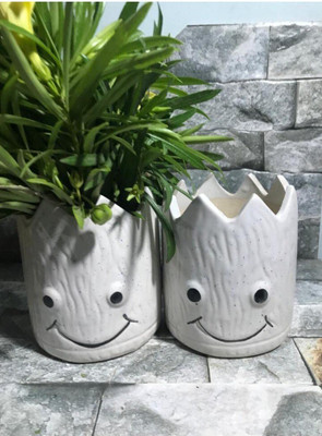 Nayi Umang Small white happy plant container set Plant Container Set(Pack of 2, Ceramic)