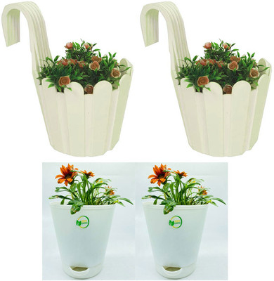 Oshi Greens Fence hook balcony pot with self watering titan planters table top Plant Container Set(Pack of 4, Plastic)