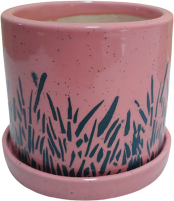 TrulyCeramics SMALL TABLE TOP GRASS PRINTED WITH PLATE CERAMIC POT(PINK) Plant Container Set(Ceramic)
