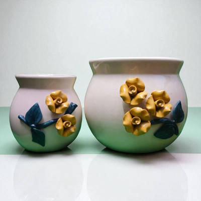 the crockery studio Ceramic Pots Set of 2, 3D Blue Flower Design | Indoor Planter for Home & Office Plant Container Set(Pack of 2, Ceramic)