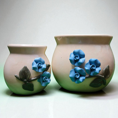 the crockery studio Ceramic Pots Set of 2, 3D Blue Flower Design | Indoor Planter for Home & Office Plant Container Set(Pack of 2, Ceramic)