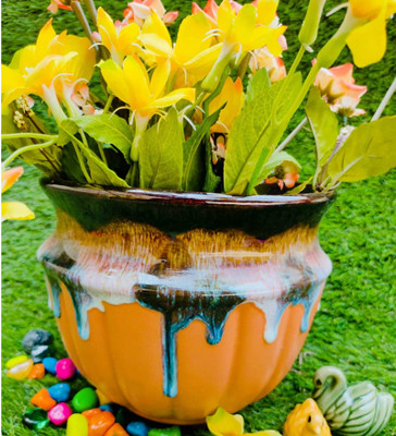 Niyara Stylish Unique Glacier Look Ceramic Pots Planters Size -Large 9 inches (Peach) Plant Container Set(Ceramic)