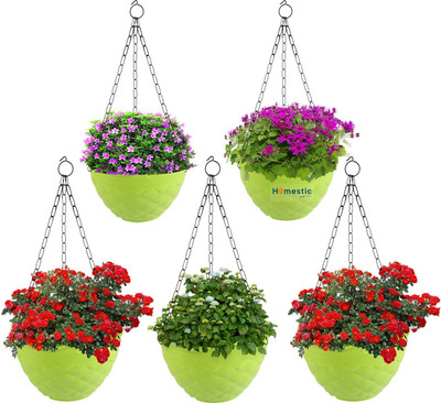 Besttrader Plastic Hanging Diamond Flower Pot with Chain for Garden|Balcony|Pack of 5|Green Plant Container Set(Pack of 5, Plastic)