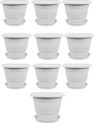 Muddstyles Plastic 8 inch Round White Flower Pot With Tray for Home office Garden balcony Plant Container Set(Pack of 10, Plastic)