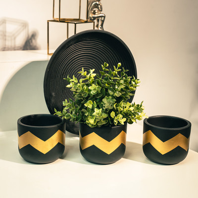 TrustBasket Black & Gold Terracotta Clay Flower Pot Set of 3 Plant Container Set(Pack of 3, Terracotta)