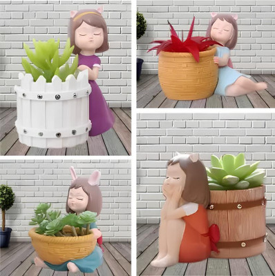 Ananya Trading Combo Pack of 4 Handcrafted Resin Basket Girl Flower Pot and Pen Holder Plant Container Set(Pack of 4, Poly-Resin)