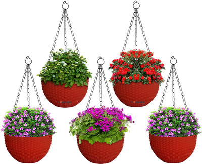 Funtastik Plastic Hanging Flower Pot For Balcony & Railing Set Of 5 (Red) Plant Container Set(Pack of 5, Plastic)