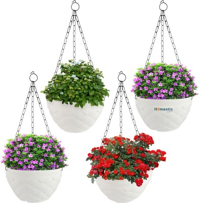 HOMESTIC Plastic Hanging Diamond Flower Pot with Chain for Garden|Balcony|Pack of 4|White Plant Container Set(Pack of 4, Plastic)