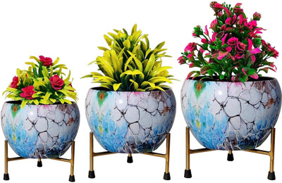 LAQA Small Apple Pot Planter Iron Glossy Meena Work Ice Age Multi Set of 3 with Stand Plant Container Set(Pack of 3, Metal)