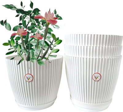 VINSHRA Plastic mega round Flower Pot with 8Inch Tray,White,11 inch,4 Pieces Plant Container Set(Pack of 4, Plastic)