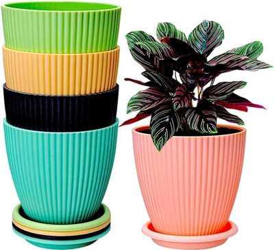 Flipkart SmartBuy Small Flower Pot Outdoor & Indoor Planters with Drainage Hole and Tray Plant Container Set(Pack of 5, Plastic)